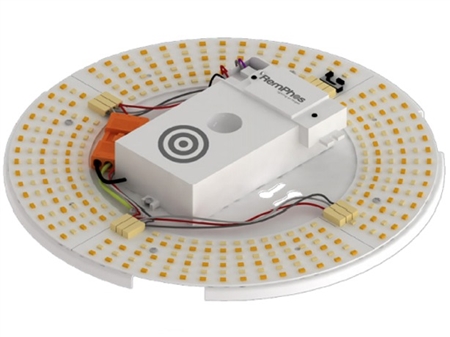 What is the range for the motion sensor on the Remphos by Light Efficient Design RPT-P-LEDCR-G2-9IN-14L-840-FWFC-OCC Retrofit Kit?