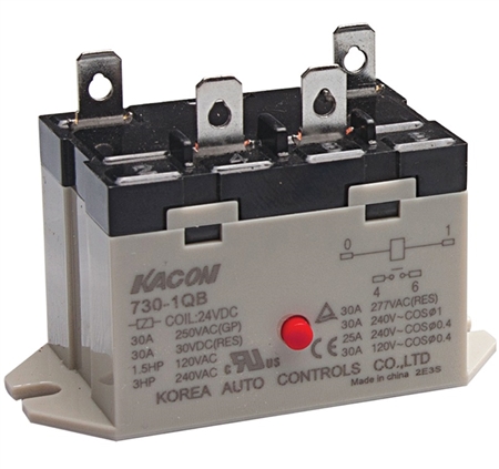 Coil voltage on the Kacon 730-1QB-110VAC relay is 110vac. Contact rating is 30amps.
