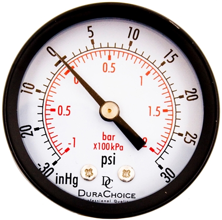 Can the DuraChoice PA204B-V30 dry utility vacuum pressure gauge be re-calibrated?