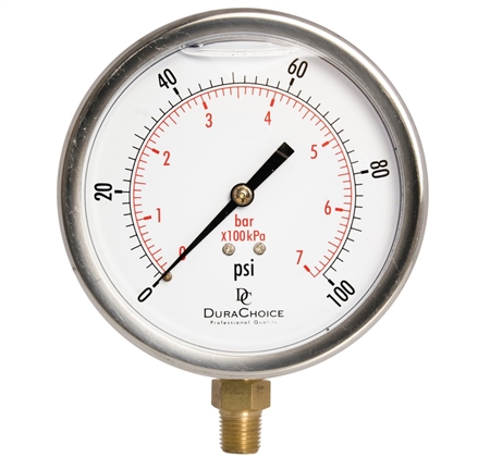 DuraChoice PB404L-100 Pressure Gauge, 4'' Dial, 1/4'' NPT, 0-100 PSI Questions & Answers