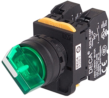 Deca A20F-2E01Q3G 22 mm 12V LED Selector Switch, 2 Position, Green Questions & Answers