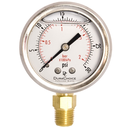 What type of liquid is in the DuraChoice PB204L-030 oil filled pressure gauge?