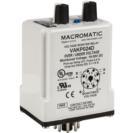 What is the difference between the Macromatic VAKP048D and VAKP024D voltage monitor relays?
