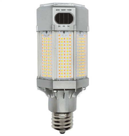 What selects the wattage and color temperature for the LED-8027M345-G7-FW post top LED light?