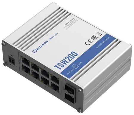 What is the voltage range for PoE operation on the Teltonika TSW200000010 Ethernet switch?